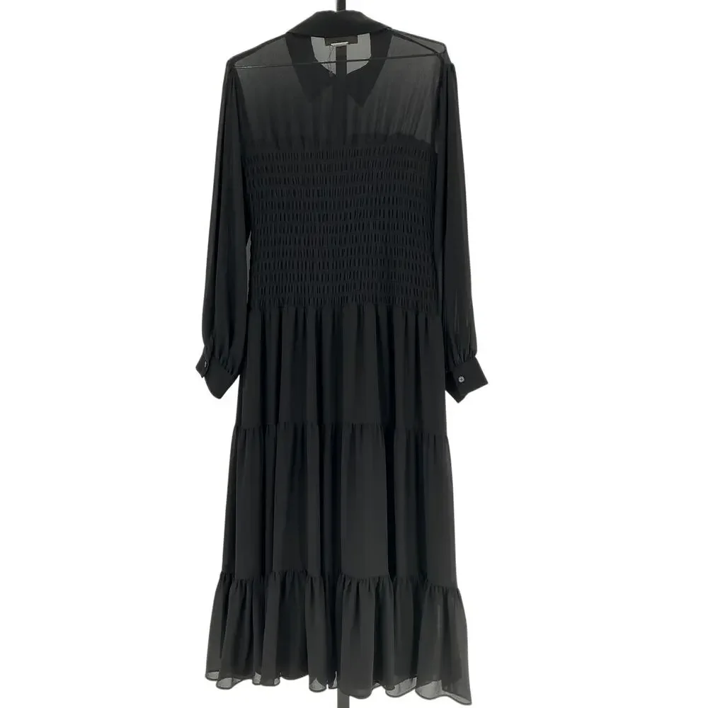Michael Kors Elegant Black Smocked Button-Front Dress Size XL